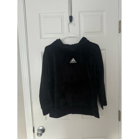 Adidas Black Velour Cropped Hoodie Sweatshirt Sz: XL - Picture 1 of 4